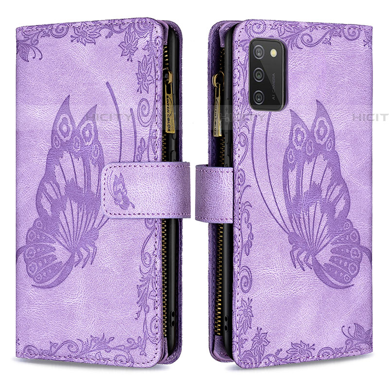 Custodia Portafoglio In Pelle Farfalla Cover con Supporto B03F per Samsung Galaxy A03s Lavanda