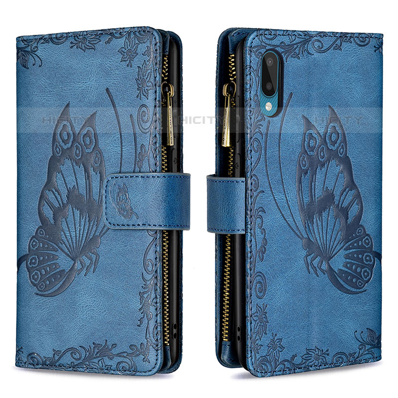 Custodia Portafoglio In Pelle Farfalla Cover con Supporto B03F per Samsung Galaxy M02 Blu