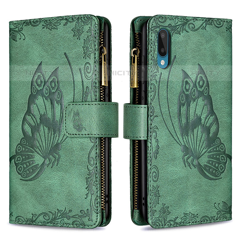 Custodia Portafoglio In Pelle Farfalla Cover con Supporto B03F per Samsung Galaxy M02 Verde