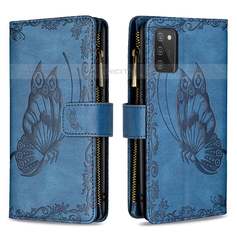 Custodia Portafoglio In Pelle Farfalla Cover con Supporto B03F per Samsung Galaxy M02s Blu