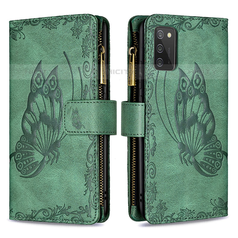 Custodia Portafoglio In Pelle Farfalla Cover con Supporto B03F per Samsung Galaxy M02s Verde