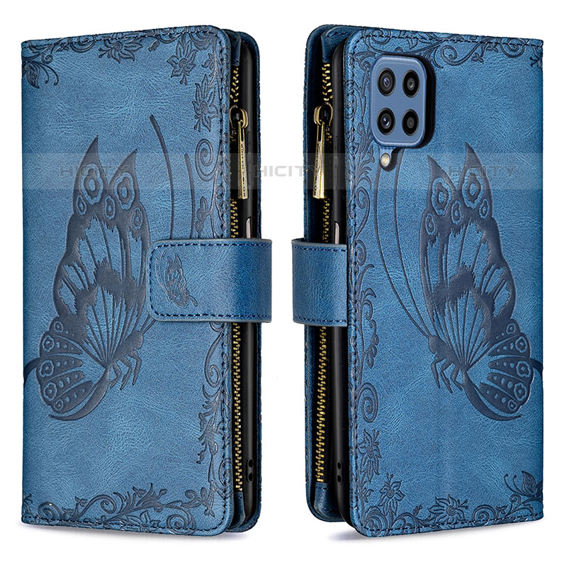 Custodia Portafoglio In Pelle Farfalla Cover con Supporto B03F per Samsung Galaxy M32 4G Blu