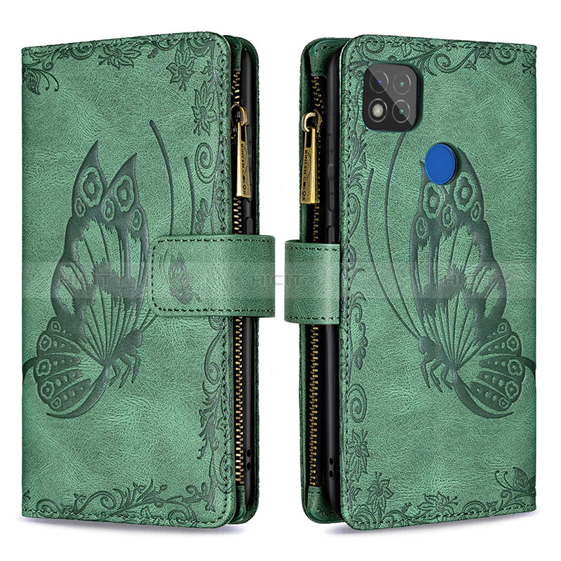 Custodia Portafoglio In Pelle Farfalla Cover con Supporto B03F per Xiaomi Redmi 9 Activ Verde