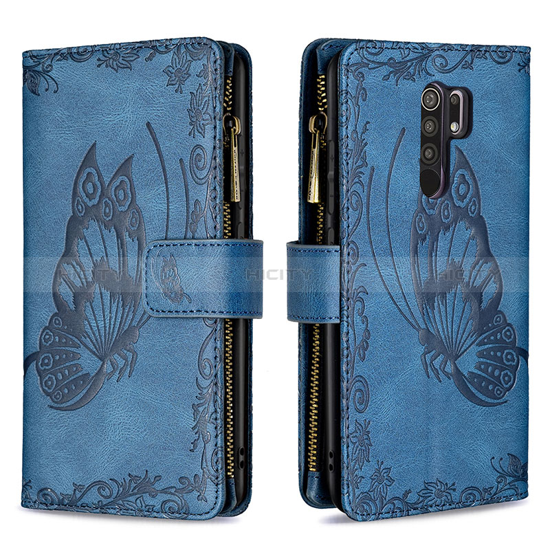 Custodia Portafoglio In Pelle Farfalla Cover con Supporto B03F per Xiaomi Redmi 9 Blu