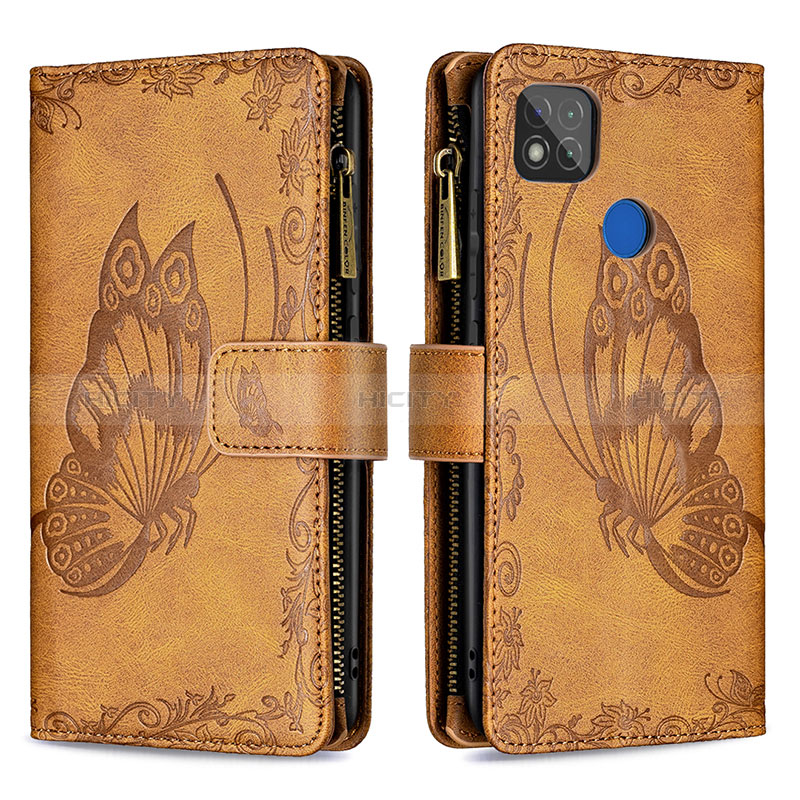 Custodia Portafoglio In Pelle Farfalla Cover con Supporto B03F per Xiaomi Redmi 9 India Marrone