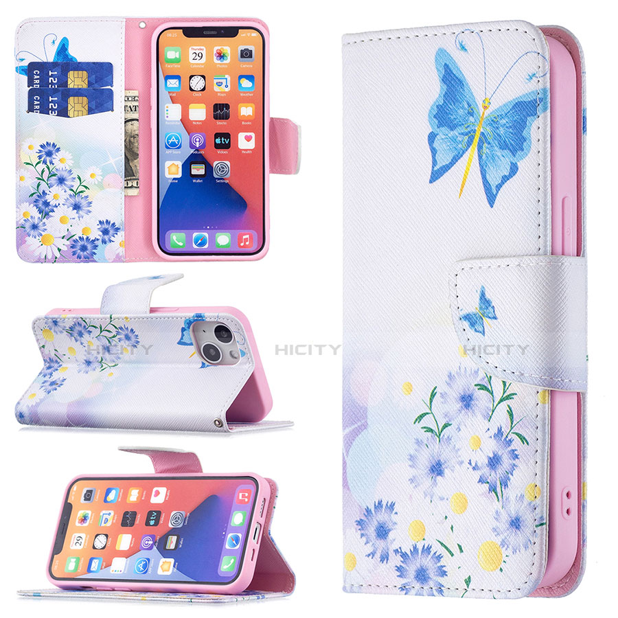 Custodia Portafoglio In Pelle Farfalla Cover con Supporto L01 per Apple iPhone 13 Blu