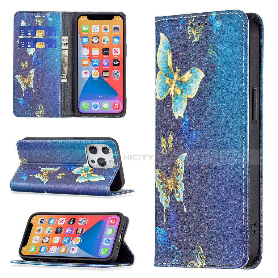 Custodia Portafoglio In Pelle Farfalla Cover con Supporto L01 per Apple iPhone 13 Pro Max Blu