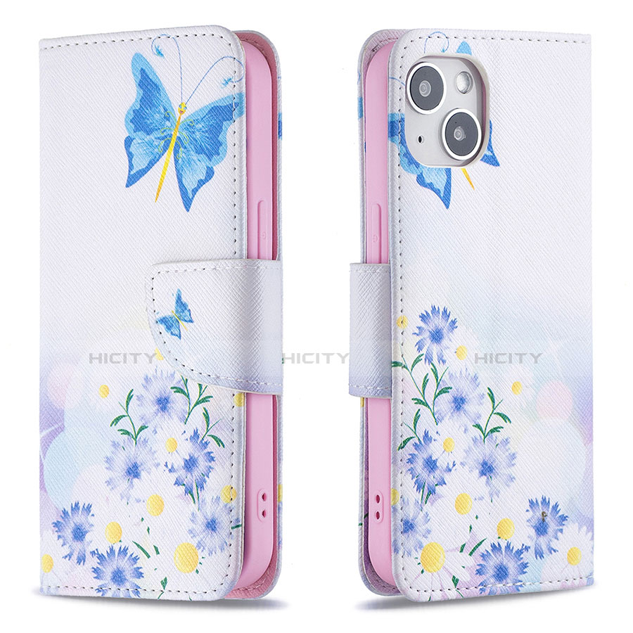 Custodia Portafoglio In Pelle Farfalla Cover con Supporto L01 per Apple iPhone 14 Blu