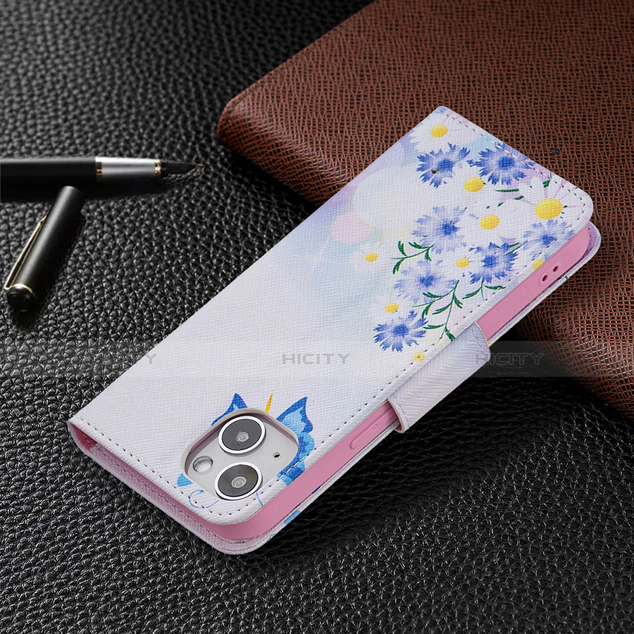 Custodia Portafoglio In Pelle Farfalla Cover con Supporto L01 per Apple iPhone 14 Blu