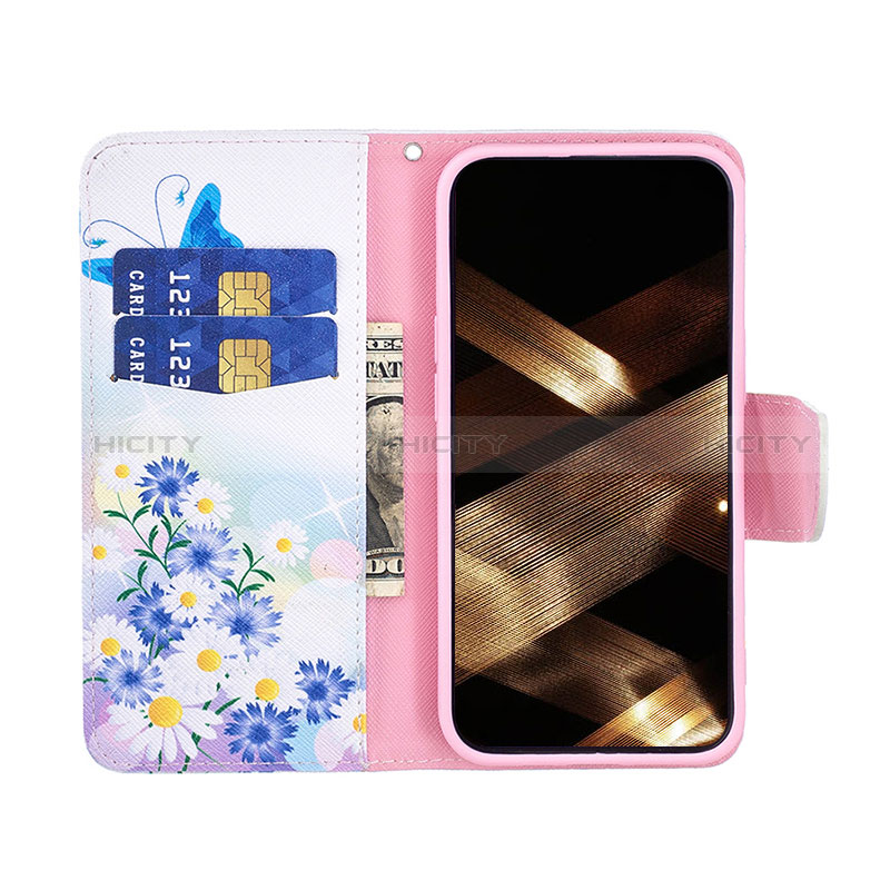 Custodia Portafoglio In Pelle Farfalla Cover con Supporto L01 per Apple iPhone 15 Blu