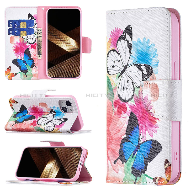 Custodia Portafoglio In Pelle Farfalla Cover con Supporto L01 per Apple iPhone 15 Plus Rosa