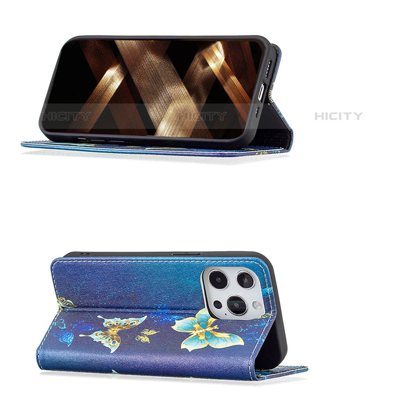 Custodia Portafoglio In Pelle Farfalla Cover con Supporto L01 per Apple iPhone 15 Pro Blu