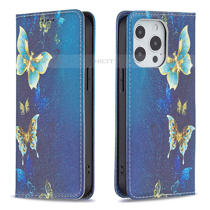 Custodia Portafoglio In Pelle Farfalla Cover con Supporto L01 per Apple iPhone 15 Pro Max Blu