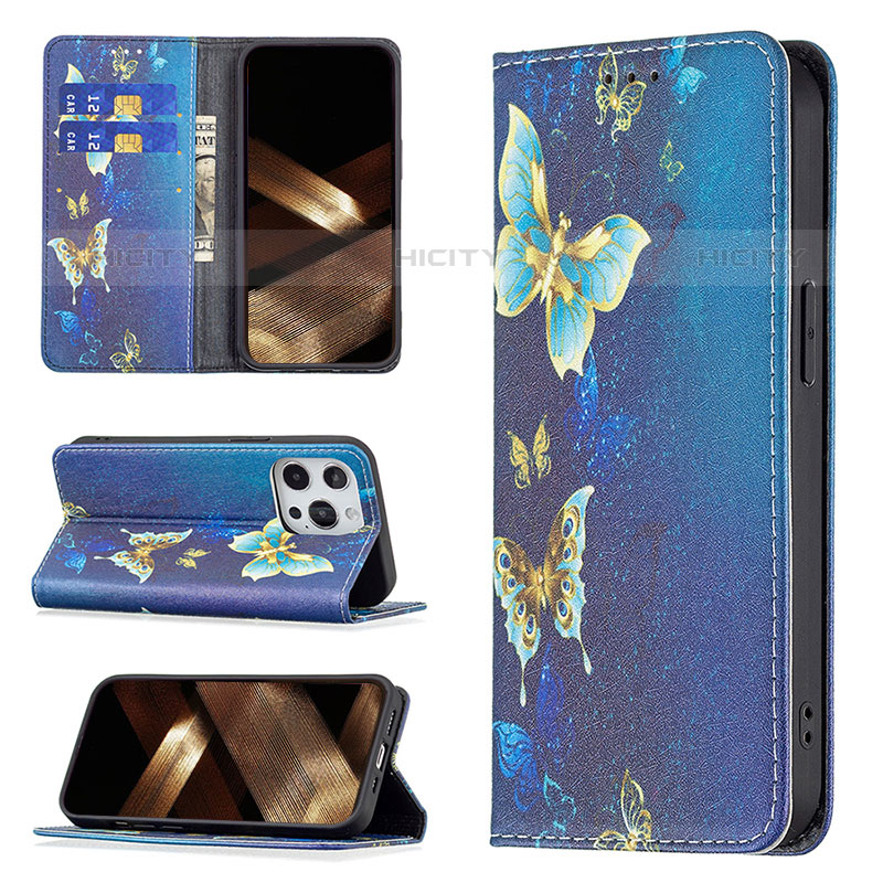 Custodia Portafoglio In Pelle Farfalla Cover con Supporto L01 per Apple iPhone 15 Pro Max Blu