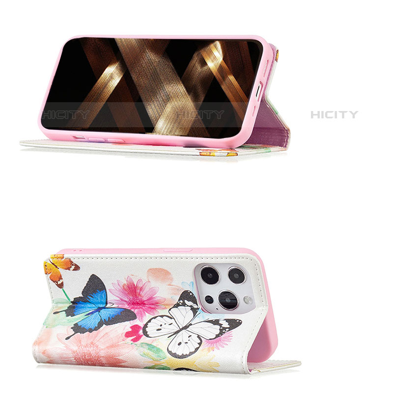 Custodia Portafoglio In Pelle Farfalla Cover con Supporto L01 per Apple iPhone 15 Pro Rosa