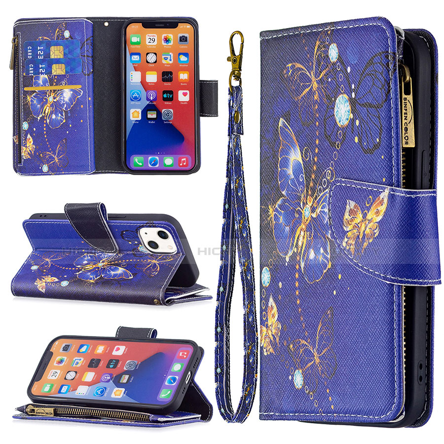 Custodia Portafoglio In Pelle Farfalla Cover con Supporto L03 per Apple iPhone 13 Blu