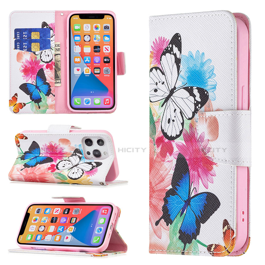 Custodia Portafoglio In Pelle Farfalla Cover con Supporto L03 per Apple iPhone 13 Pro Max Rosa