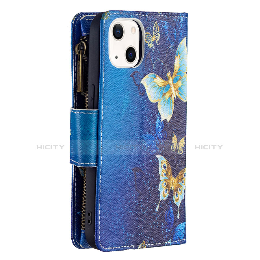 Custodia Portafoglio In Pelle Farfalla Cover con Supporto L04 per Apple iPhone 13 Blu