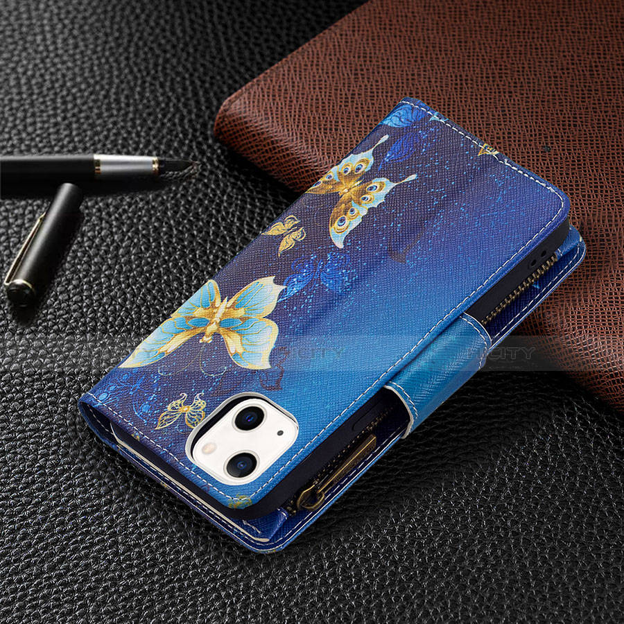 Custodia Portafoglio In Pelle Farfalla Cover con Supporto L04 per Apple iPhone 13 Blu