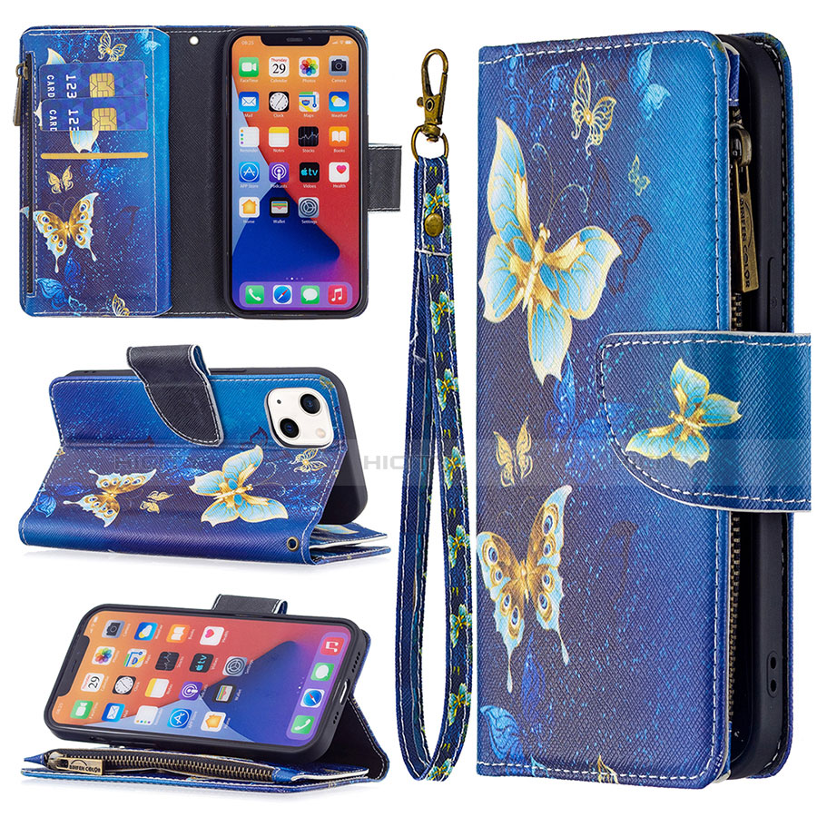 Custodia Portafoglio In Pelle Farfalla Cover con Supporto L04 per Apple iPhone 14 Blu