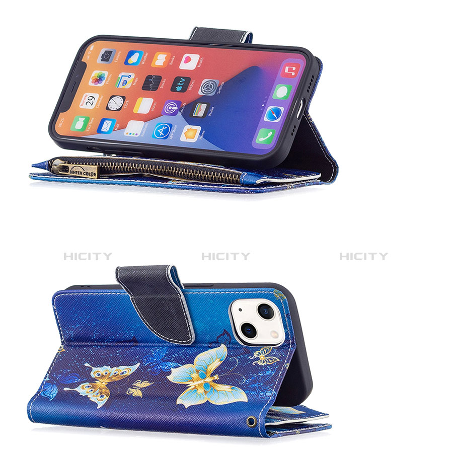 Custodia Portafoglio In Pelle Farfalla Cover con Supporto L04 per Apple iPhone 14 Blu