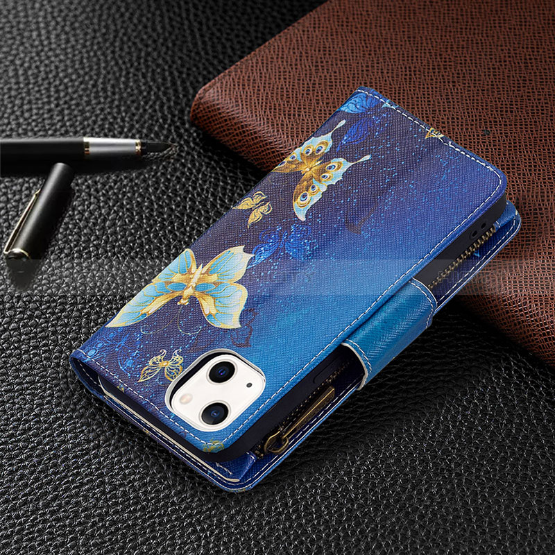 Custodia Portafoglio In Pelle Farfalla Cover con Supporto L04 per Apple iPhone 15 Plus Blu