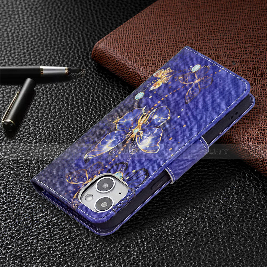 Custodia Portafoglio In Pelle Farfalla Cover con Supporto L07 per Apple iPhone 13 Mini Blu Notte