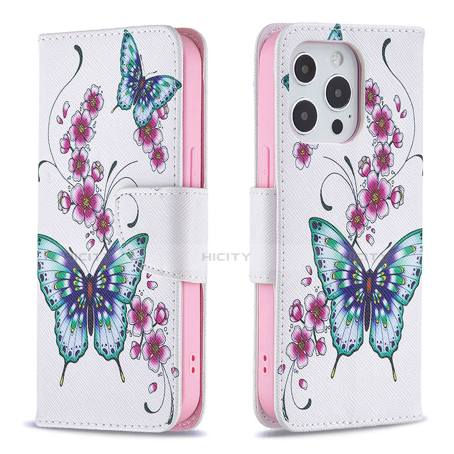 Custodia Portafoglio In Pelle Farfalla Cover con Supporto L07 per Apple iPhone 13 Pro Max Rosa