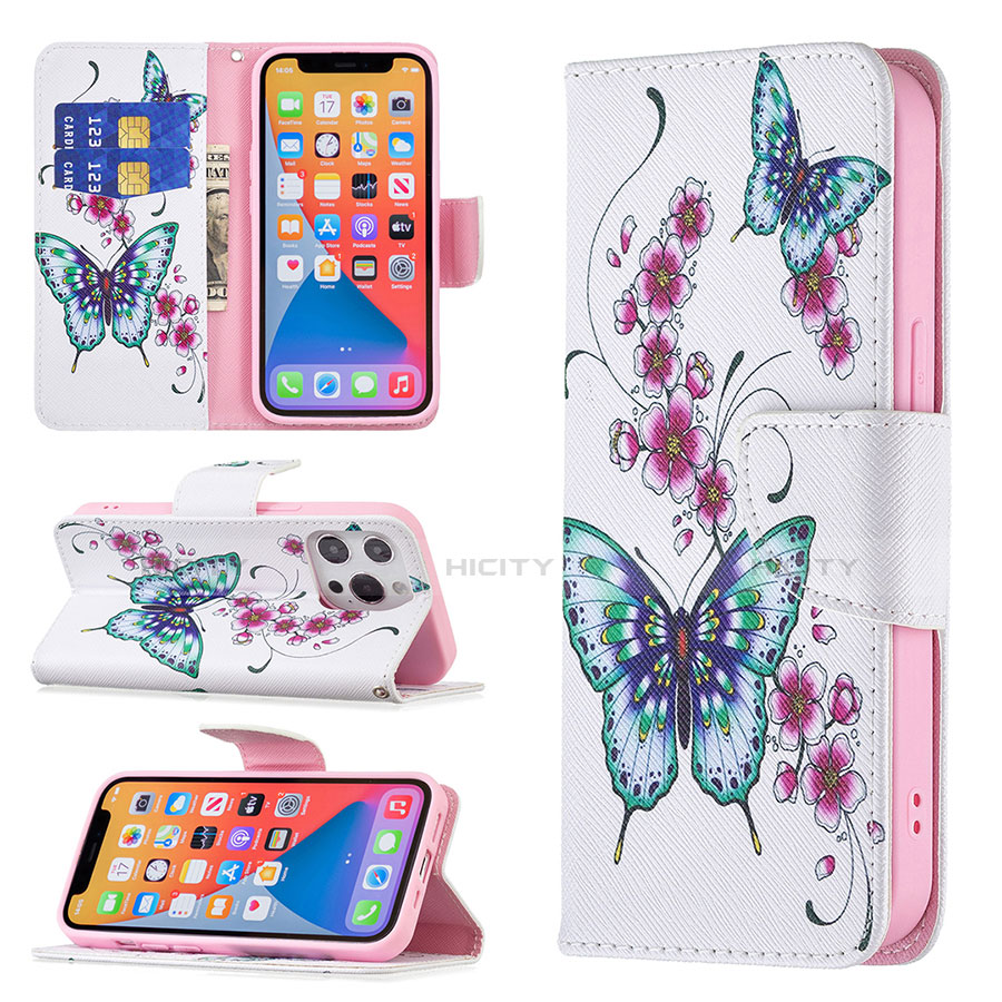 Custodia Portafoglio In Pelle Farfalla Cover con Supporto L07 per Apple iPhone 13 Pro Max Rosa