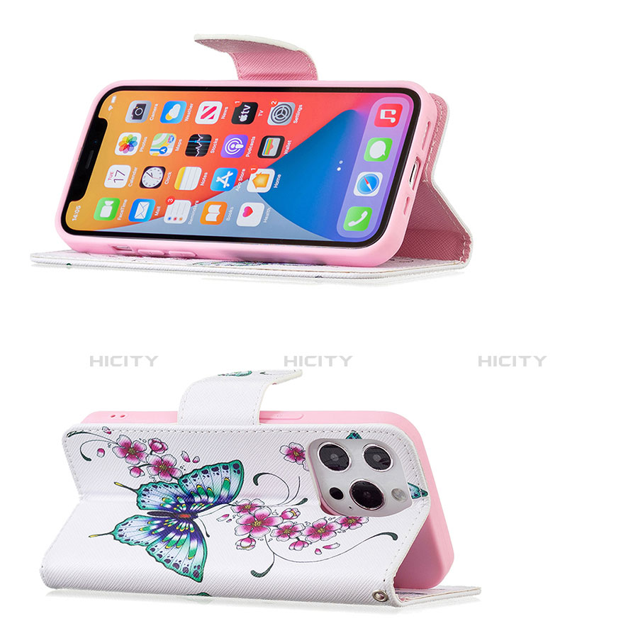 Custodia Portafoglio In Pelle Farfalla Cover con Supporto L07 per Apple iPhone 13 Pro Max Rosa