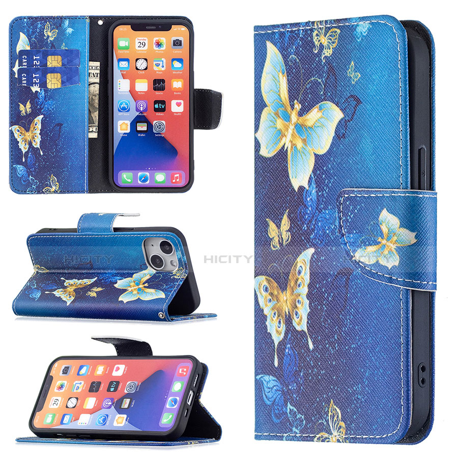 Custodia Portafoglio In Pelle Farfalla Cover con Supporto L07 per Apple iPhone 14 Blu