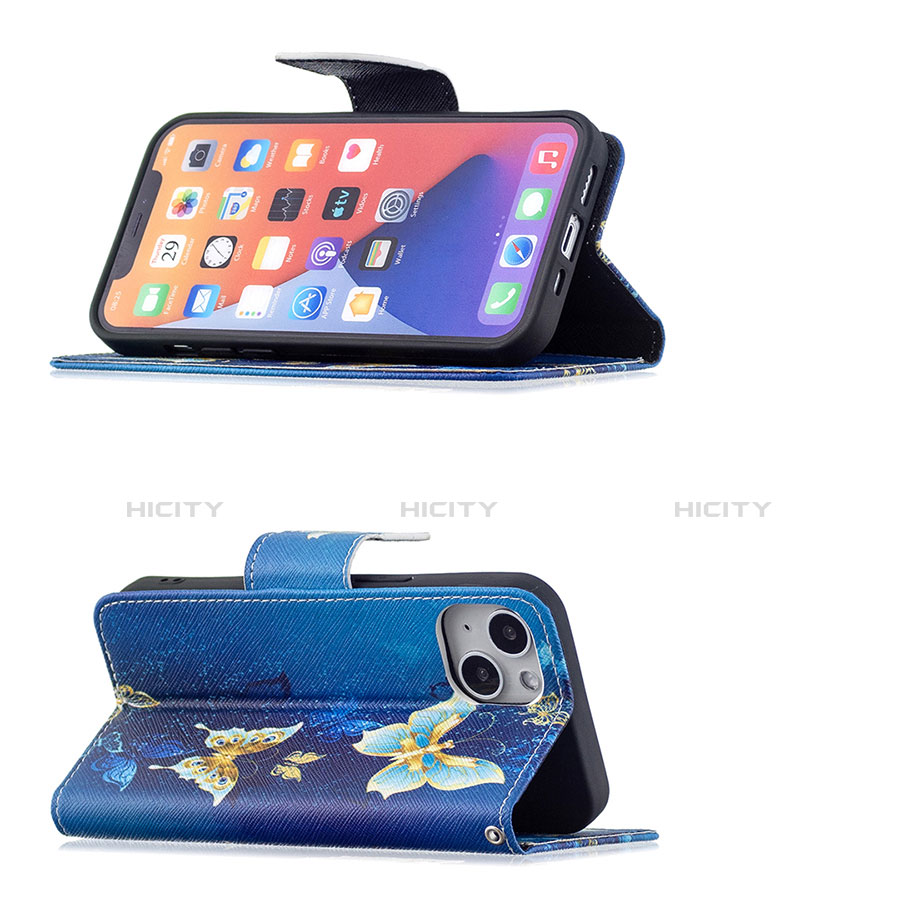 Custodia Portafoglio In Pelle Farfalla Cover con Supporto L07 per Apple iPhone 14 Blu