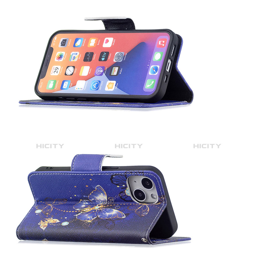 Custodia Portafoglio In Pelle Farfalla Cover con Supporto L07 per Apple iPhone 14 Blu Notte