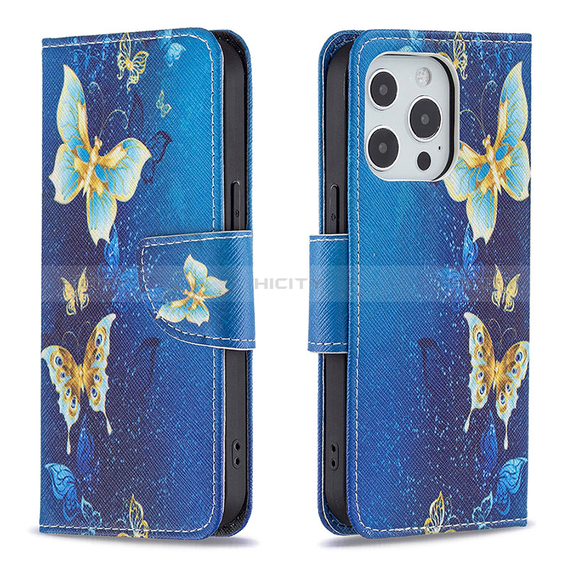 Custodia Portafoglio In Pelle Farfalla Cover con Supporto L07 per Apple iPhone 14 Pro Blu