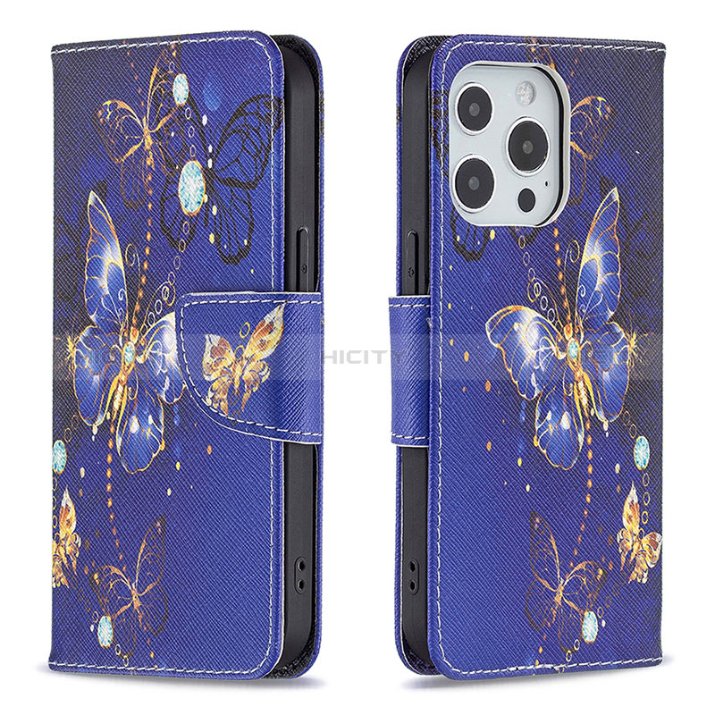 Custodia Portafoglio In Pelle Farfalla Cover con Supporto L07 per Apple iPhone 14 Pro Blu Notte