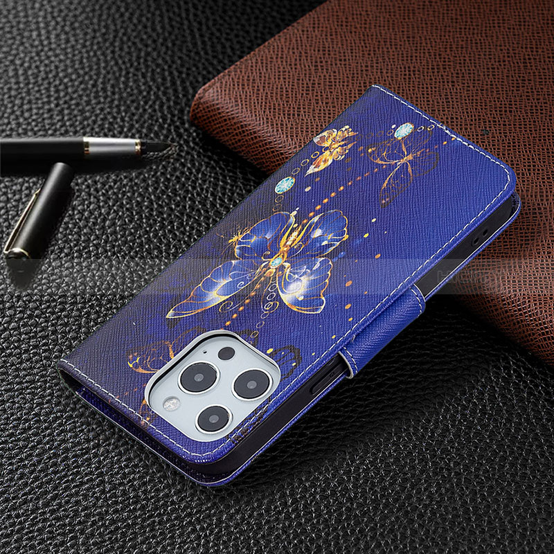 Custodia Portafoglio In Pelle Farfalla Cover con Supporto L07 per Apple iPhone 14 Pro Blu Notte