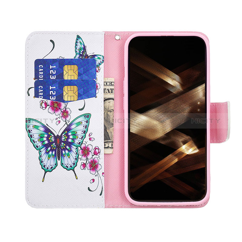 Custodia Portafoglio In Pelle Farfalla Cover con Supporto L07 per Apple iPhone 14 Pro Rosa