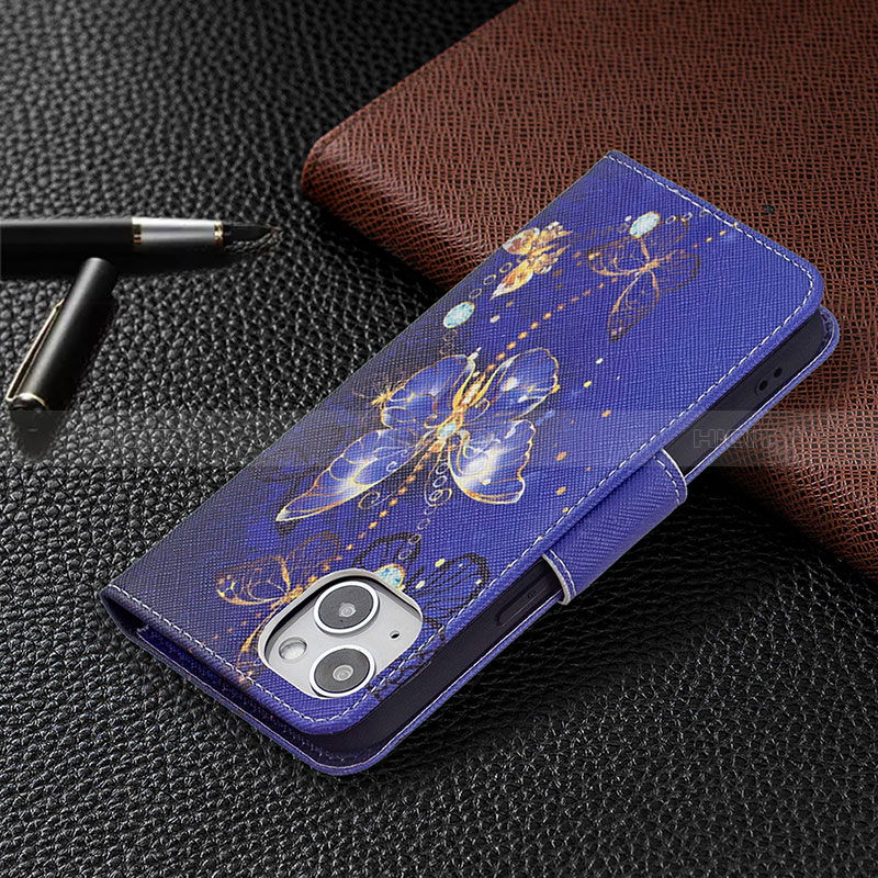 Custodia Portafoglio In Pelle Farfalla Cover con Supporto L07 per Apple iPhone 15 Plus Blu Notte