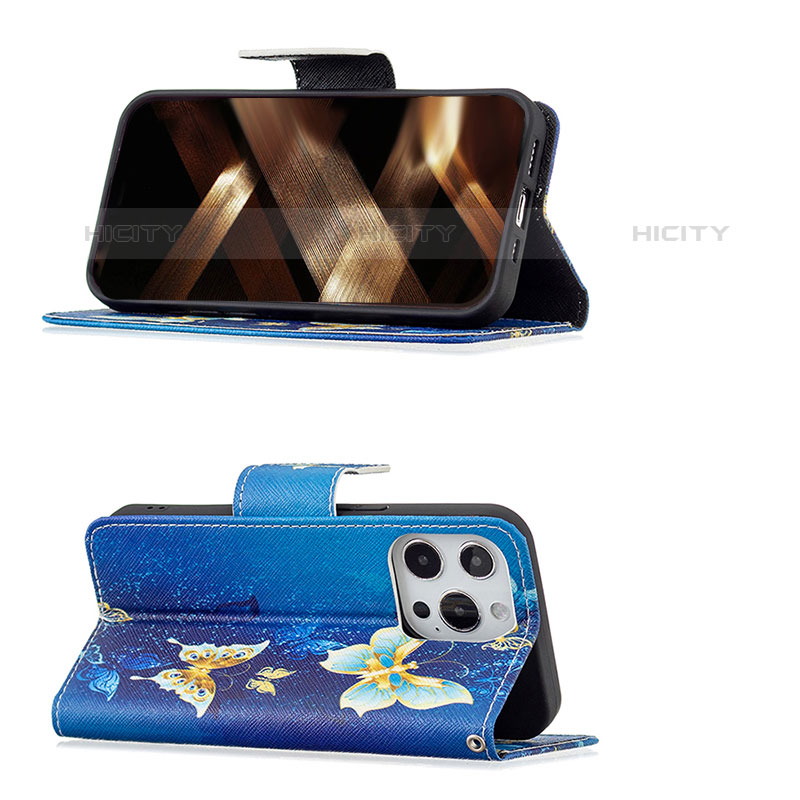 Custodia Portafoglio In Pelle Farfalla Cover con Supporto L07 per Apple iPhone 15 Pro Max Blu