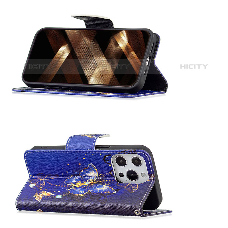 Custodia Portafoglio In Pelle Farfalla Cover con Supporto L07 per Apple iPhone 15 Pro Max Blu Notte