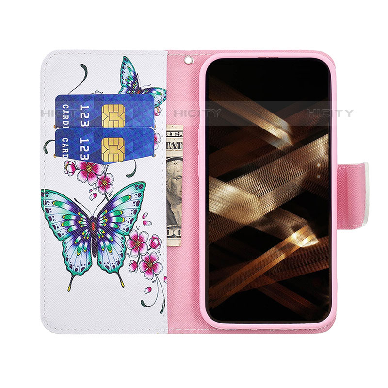 Custodia Portafoglio In Pelle Farfalla Cover con Supporto L07 per Apple iPhone 15 Pro Max Rosa