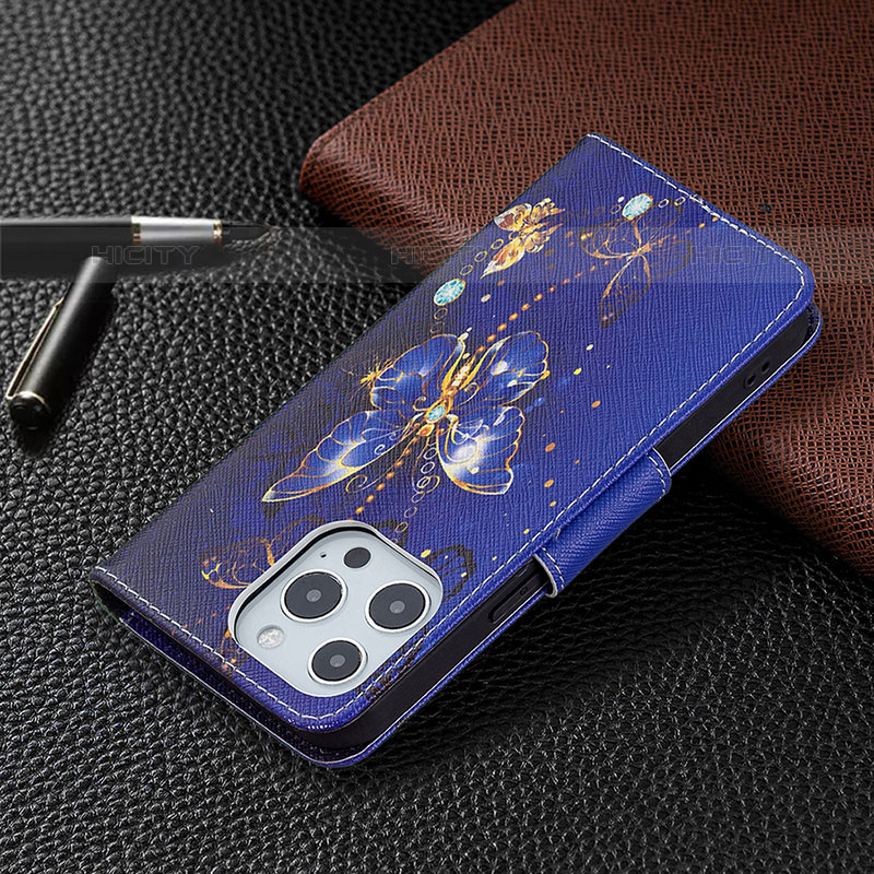 Custodia Portafoglio In Pelle Farfalla Cover con Supporto L07 per Apple iPhone 16 Pro Max Blu Notte