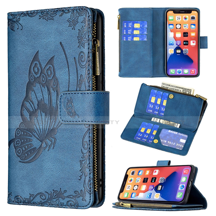 Custodia Portafoglio In Pelle Farfalla Cover con Supporto L08 per Apple iPhone 13 Blu