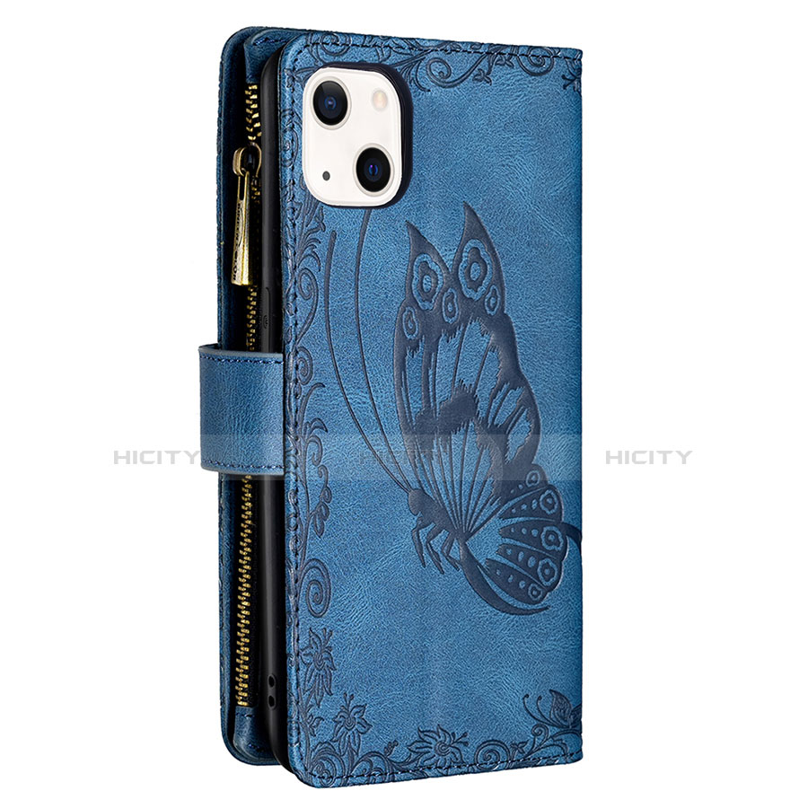 Custodia Portafoglio In Pelle Farfalla Cover con Supporto L08 per Apple iPhone 13 Blu