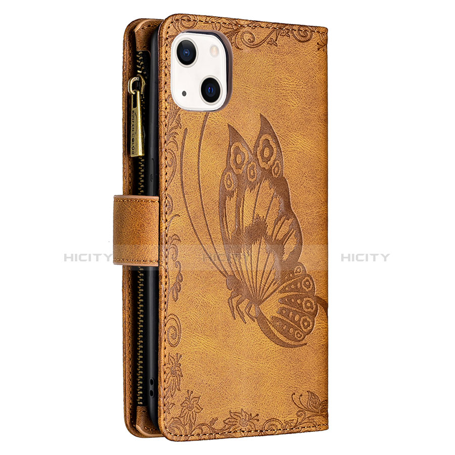 Custodia Portafoglio In Pelle Farfalla Cover con Supporto L08 per Apple iPhone 13 Marrone