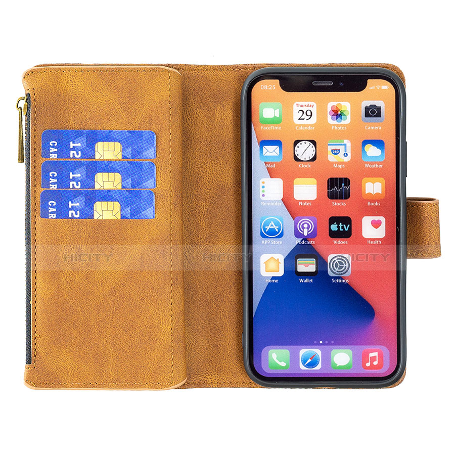 Custodia Portafoglio In Pelle Farfalla Cover con Supporto L08 per Apple iPhone 13 Marrone