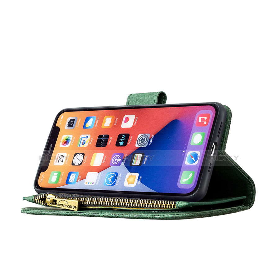 Custodia Portafoglio In Pelle Farfalla Cover con Supporto L08 per Apple iPhone 13 Mini Verde