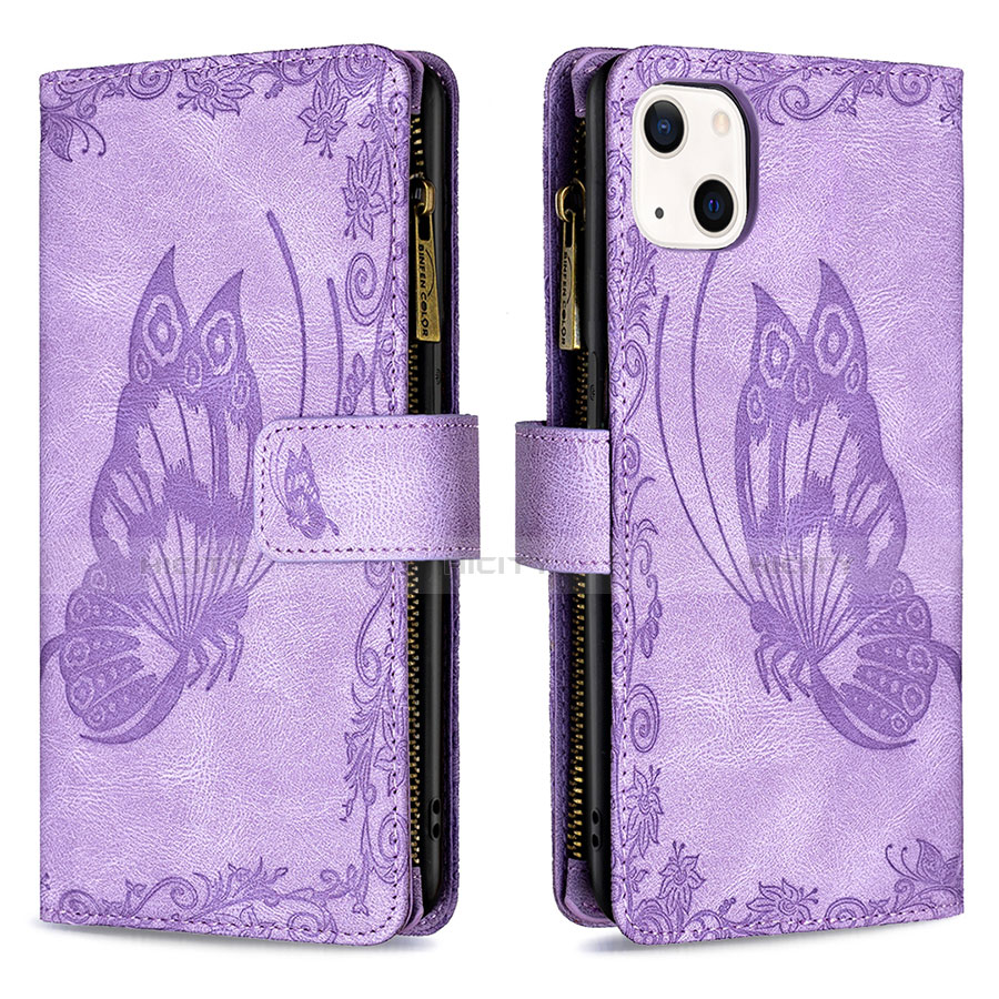 Custodia Portafoglio In Pelle Farfalla Cover con Supporto L08 per Apple iPhone 13 Mini Viola