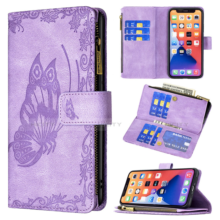 Custodia Portafoglio In Pelle Farfalla Cover con Supporto L08 per Apple iPhone 13 Mini Viola