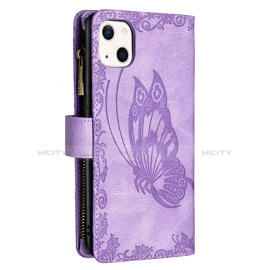 Custodia Portafoglio In Pelle Farfalla Cover con Supporto L08 per Apple iPhone 13 Mini Viola